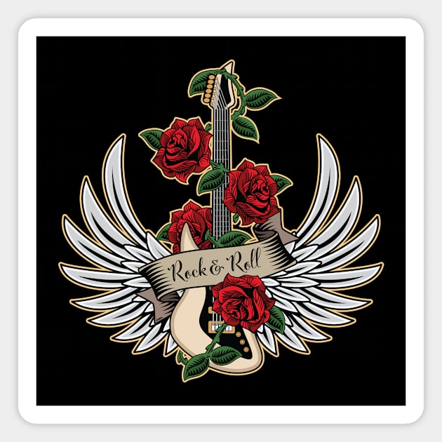 Guitar Wings Roses Rock and Roll Vintage Retro Music Design Magnet by hobrath